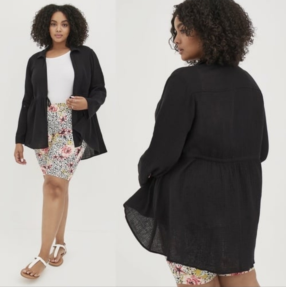 Torrid Black 100% Cotton Gauzy Drawstring Cardigan Cover-Up SIZE 1X Beach Vacay
